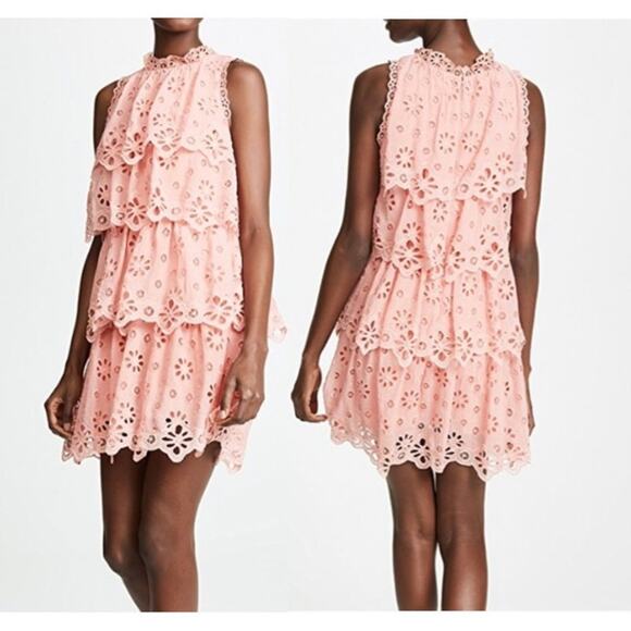 Rebecca Taylor Pinwheel Tiered Eyelet Mini Dress in Peony Pink - Picture 1 of 8